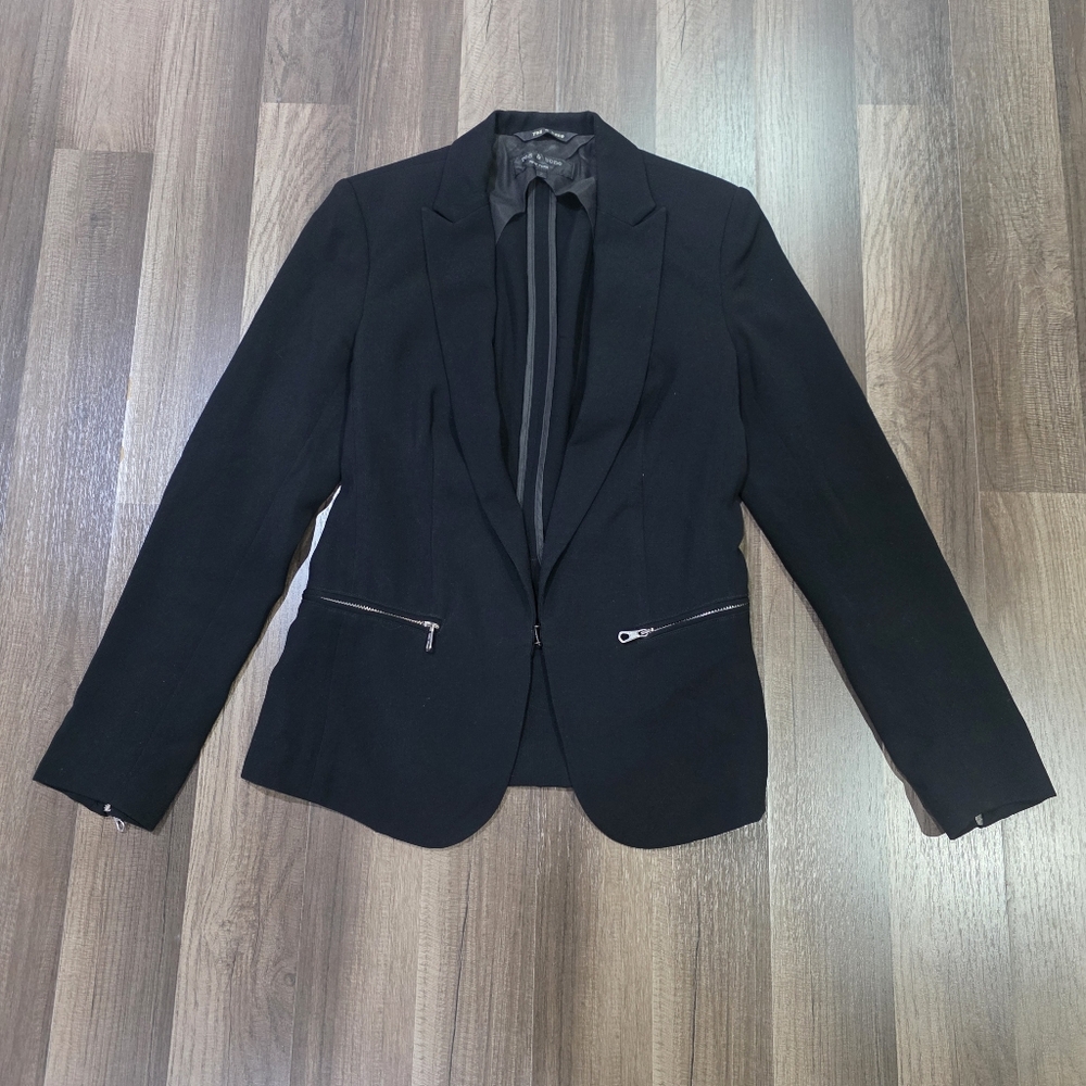 Rag & Bone Black Modern Chic Tailored Blazer Hook Closure Zip Detail Edgy. 2